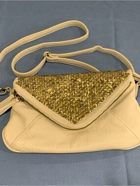 “KIMCHI BLUE” (beige/ metallic) Crossbody clutch/purse, Flap, Zipper compartment